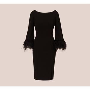 Adrianna Papell Sheath Dress V-Back Feather-Trim Sleeve Black Size 4 S Small